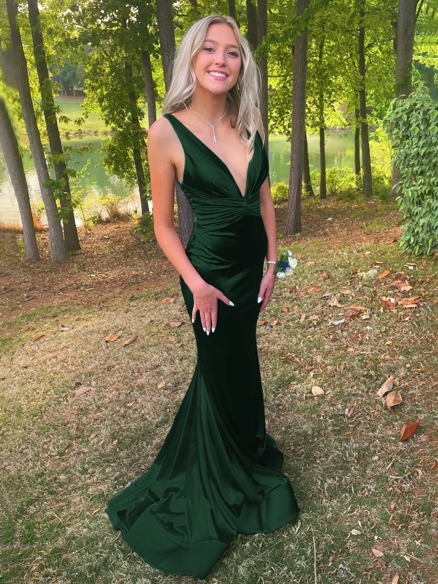 Plunge Blue Satin Ruched Mermaid Prom Dress Plunge Blue Satin Ruched Mermaid Prom Dress