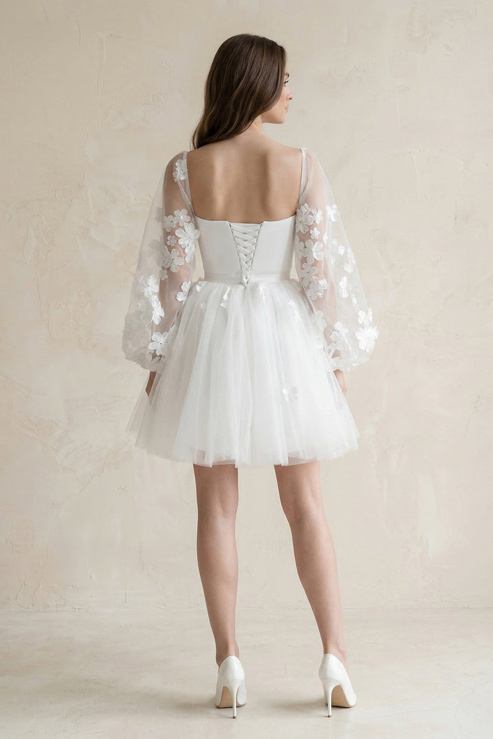 Appliqued A - Line Tulle Strapless Mini Wedding Dress With Sleeves in White - KissProm Wedding Dresses