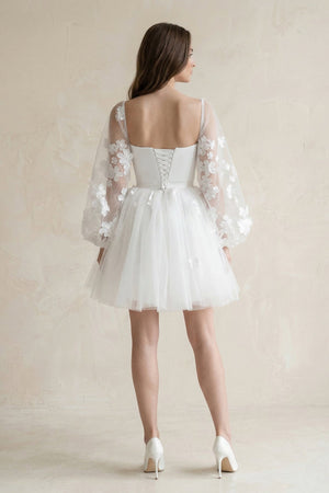 Appliqued A - Line Tulle Strapless Mini Wedding Dress With Sleeves in White - KissProm Wedding Dresses