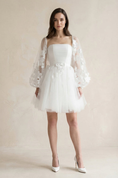 Appliqued A - Line Tulle Strapless Mini Wedding Dress With Sleeves in White - KissProm Wedding Dresses