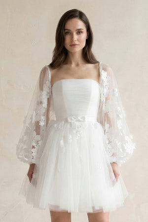 Appliqued A - Line Tulle Strapless Mini Wedding Dress With Sleeves in White - KissProm Wedding Dresses