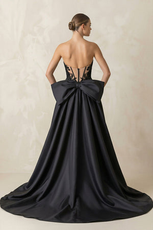 Appliqued Lace Mermaid Wedding Dress With Back Bow in Black - KissProm Wedding Dresses