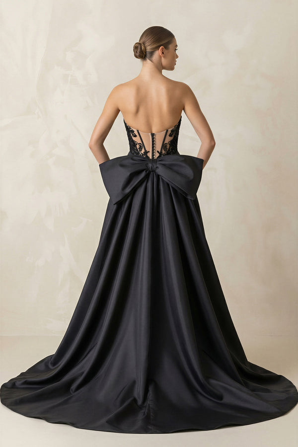 Appliqued Lace Mermaid Wedding Dress With Back Bow in Black - KissProm Wedding Dresses