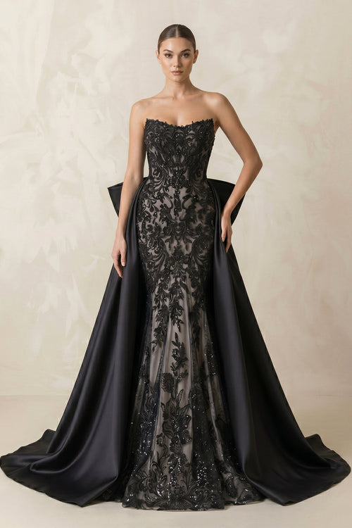Appliqued Lace Mermaid Wedding Dress With Back Bow in Black - KissProm Wedding Dresses