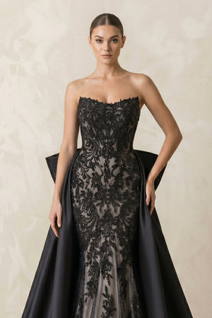 Appliqued Lace Mermaid Wedding Dress With Back Bow in Black - KissProm Wedding Dresses