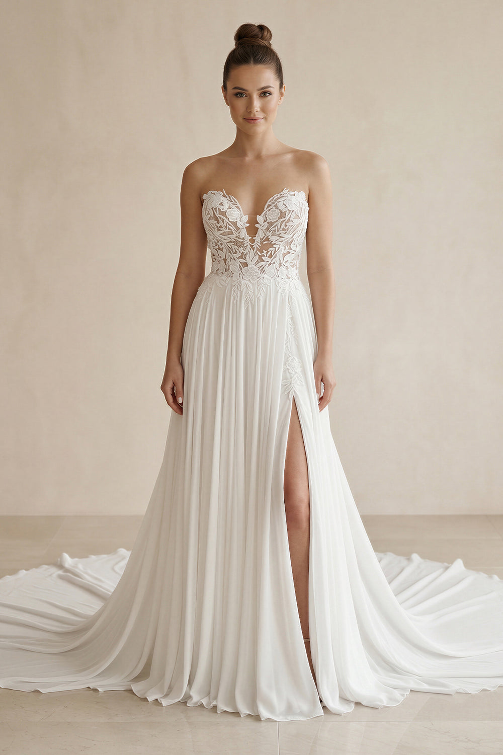 White Sweetheart Long Lace Boho Wedding Dress with Slit – Wedding Dresses by KissProm | Available at KissProm