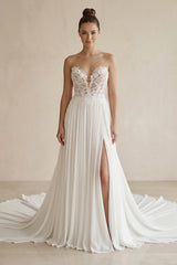 White Sweetheart Long Lace Boho Wedding Dress with Slit – Wedding Dresses by KissProm | Available at KissProm