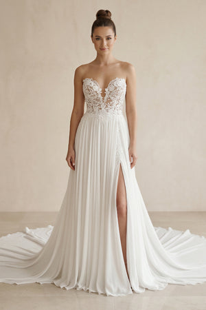 White Sweetheart Long Lace Boho Wedding Dress with Slit – Wedding Dresses by KissProm | Available at KissProm