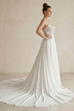 White Sweetheart Long Lace Boho Wedding Dress with Slit – Wedding Dresses by KissProm | Available at KissProm