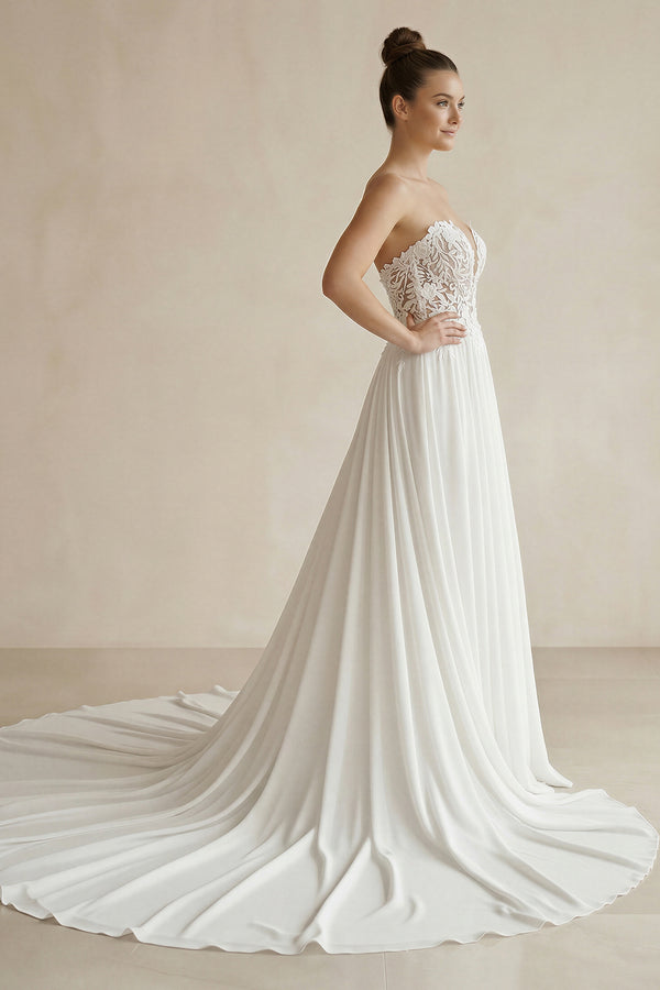 White Sweetheart Long Lace Boho Wedding Dress with Slit – Wedding Dresses by KissProm | Available at KissProm