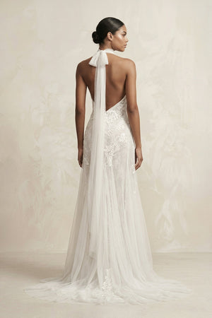 Appliqued Tulle A - Line Halter Ruched Wedding Dress in White - KissProm Wedding Dresses