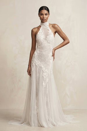 Appliqued Tulle A - Line Halter Ruched Wedding Dress in White - KissProm Wedding Dresses