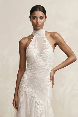 Appliqued Tulle A - Line Halter Ruched Wedding Dress in White - KissProm Wedding Dresses