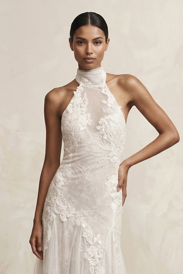 Appliqued Tulle A - Line Halter Ruched Wedding Dress in White - KissProm Wedding Dresses