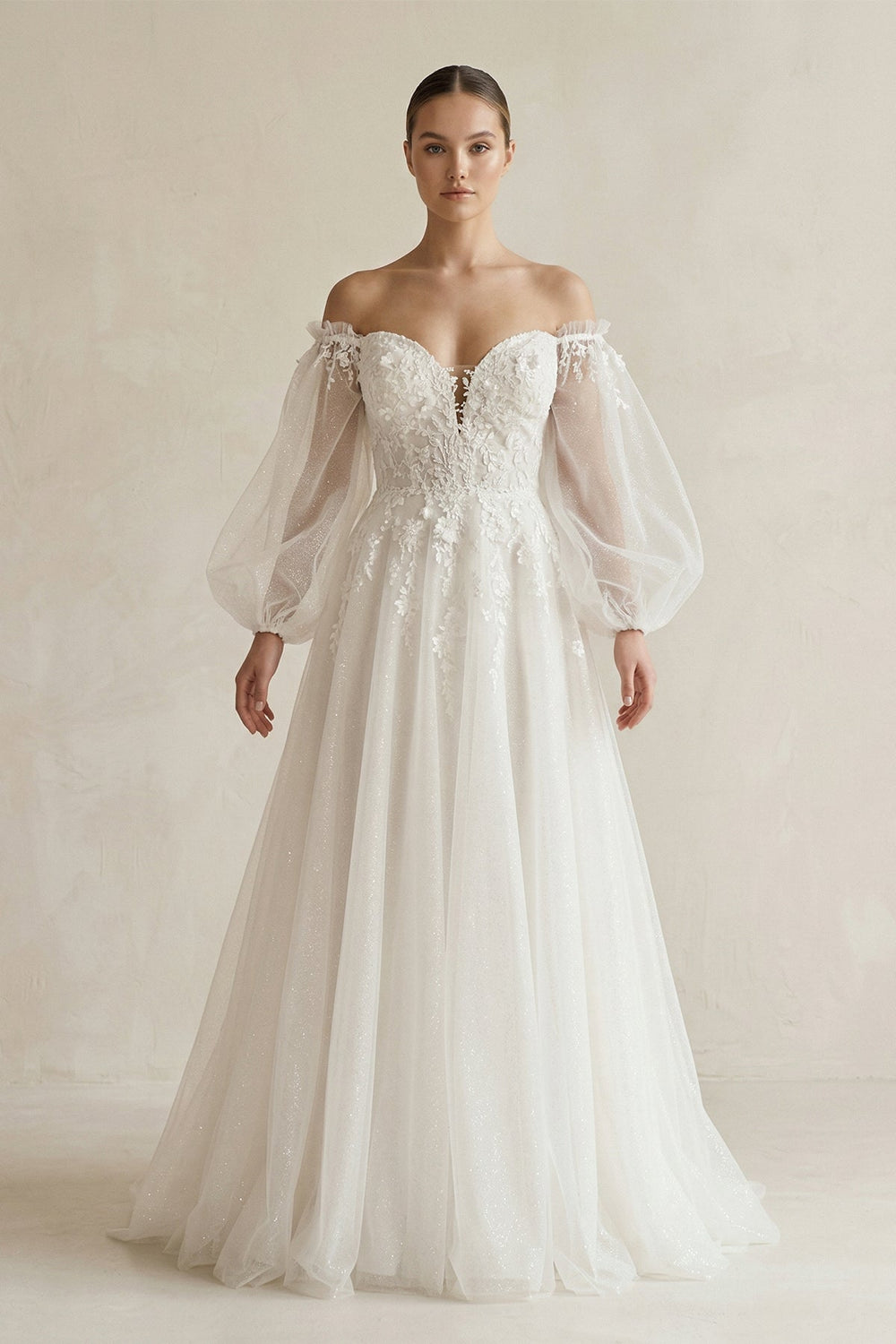 Appliqued Tulle A - Line Off - the Shoulder Wedding Dress With Sleeve in White - KissProm Wedding Dresses