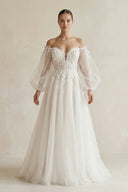 Appliqued Tulle A - Line Off - the Shoulder Wedding Dress With Sleeve in White - KissProm Wedding Dresses