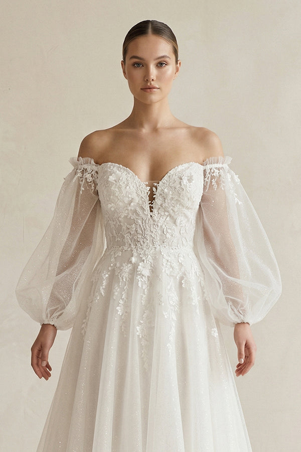 Appliqued Tulle A - Line Off - the Shoulder Wedding Dress With Sleeve in White - KissProm Wedding Dresses