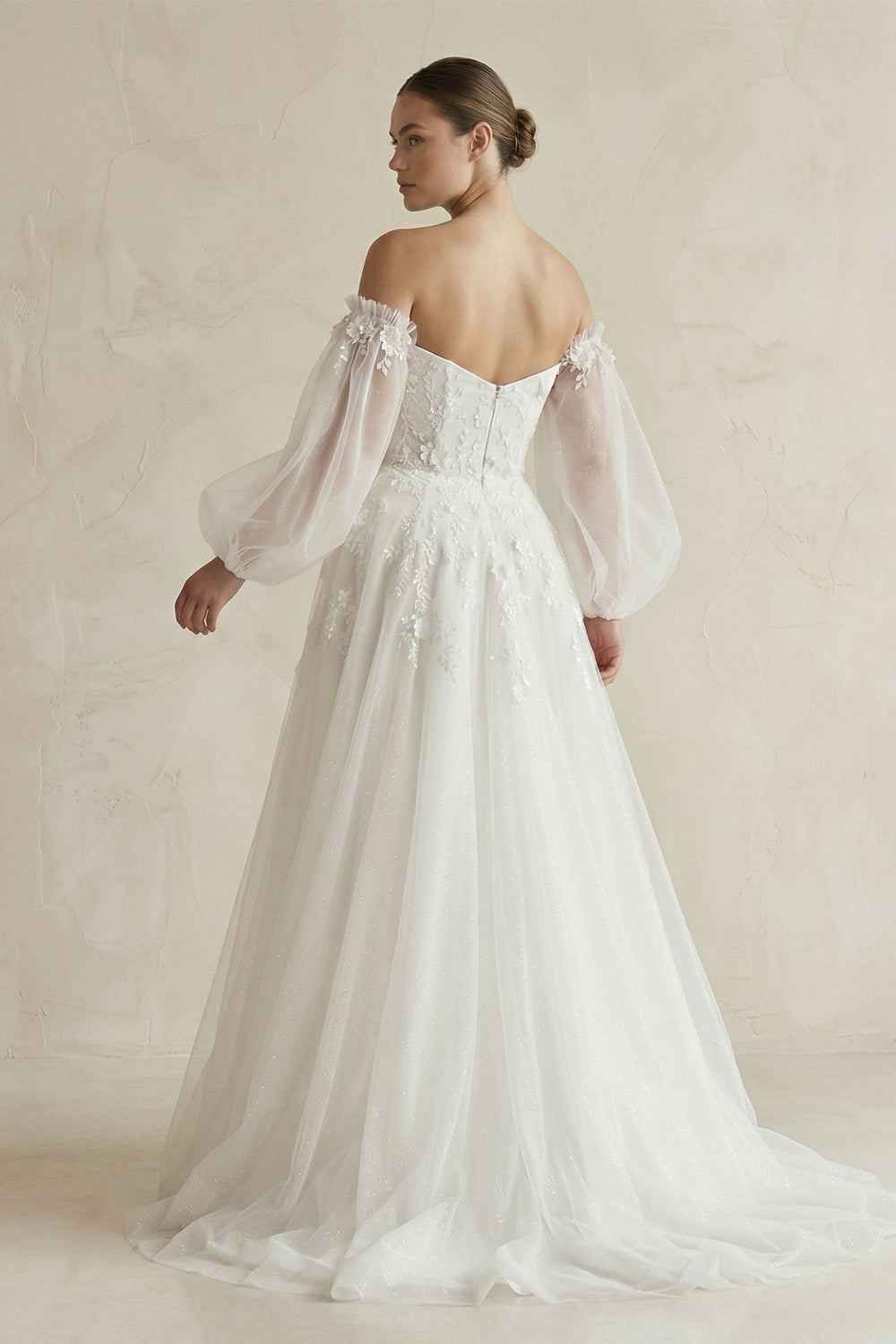Appliqued Tulle A - Line Off - the Shoulder Wedding Dress With Sleeve in White - KissProm Wedding Dresses