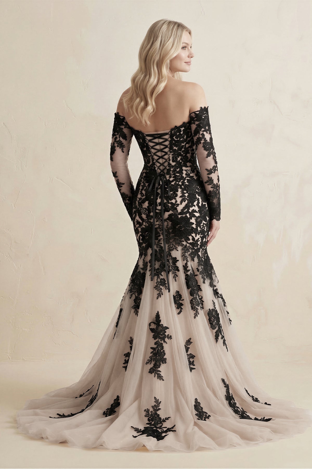KissProm Appliqued Tulle Mermaid Off-the-Shoulder Wedding Dress in Black, Black / 4