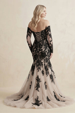 Appliqued Tulle Mermaid Off - the - Shoulder Wedding Dress in Black - KissProm Wedding Dresses