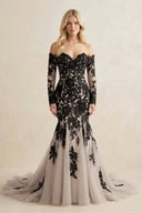 Appliqued Tulle Mermaid Off - the - Shoulder Wedding Dress in Black - KissProm Wedding Dresses
