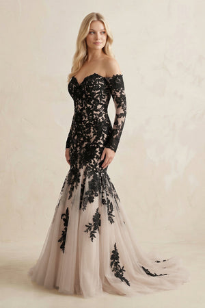 Appliqued Tulle Mermaid Off - the - Shoulder Wedding Dress in Black - KissProm Wedding Dresses
