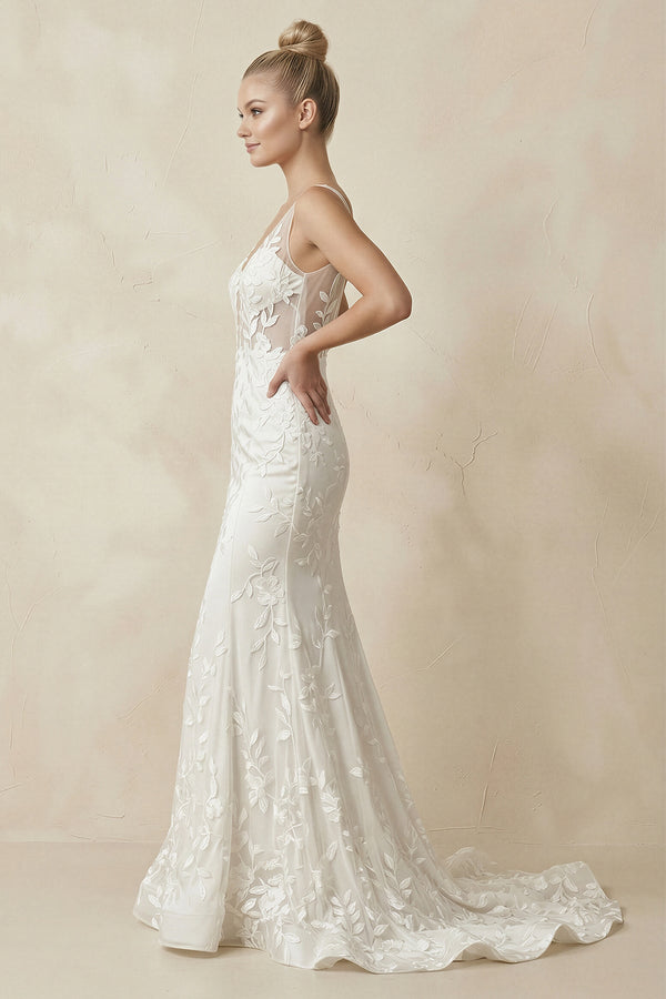 Appliqued V - Neck Mermaid Sheath Wedding Dress in White - KissProm Wedding Dresses