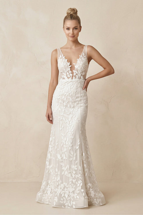 KissProm Appliqued V-Neck Mermaid Sheath Wedding Dress in White, White / 10