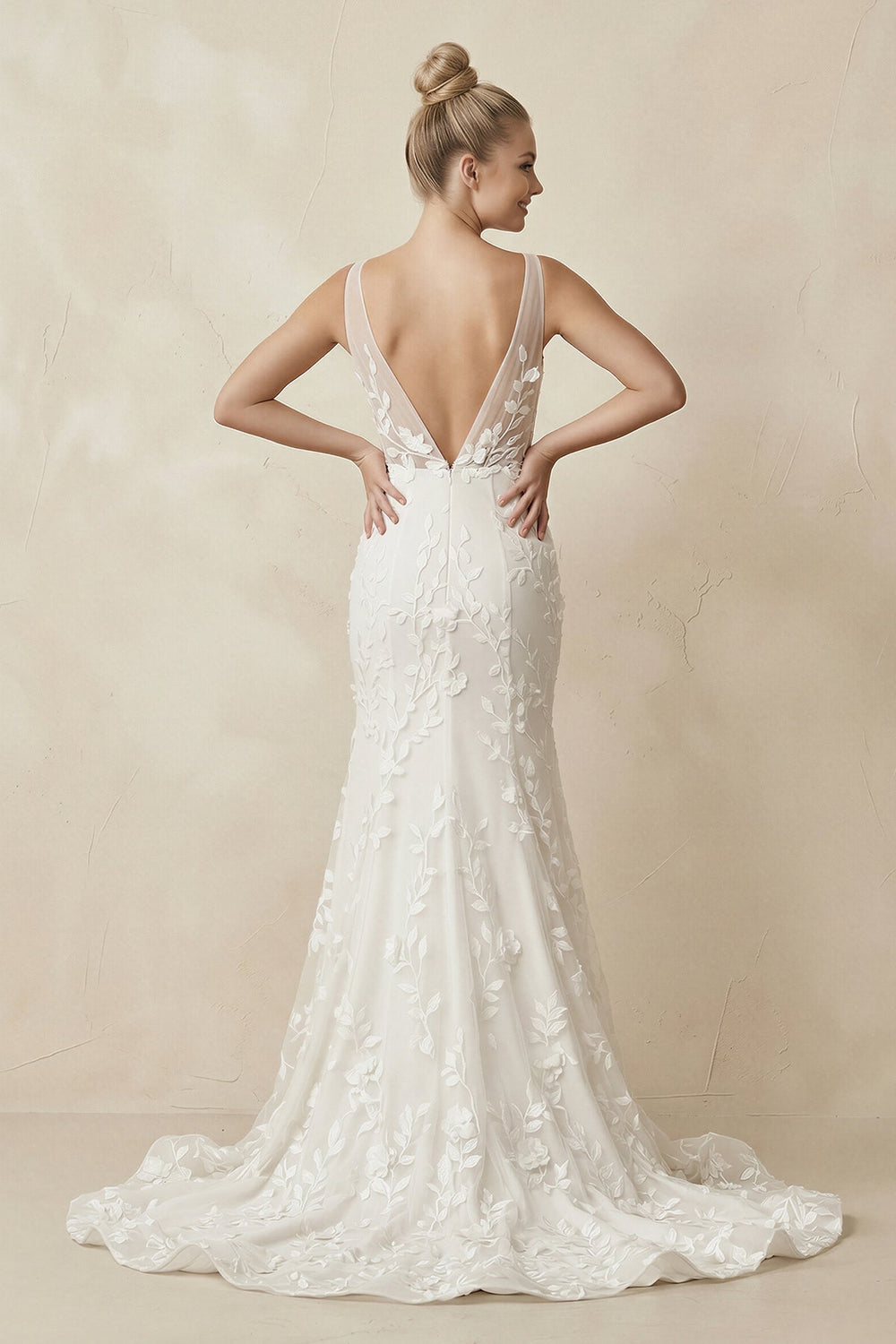 Appliqued V - Neck Mermaid Sheath Wedding Dress in White - KissProm Wedding Dresses