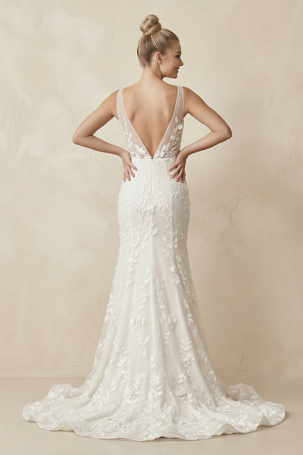 Appliqued V - Neck Mermaid Sheath Wedding Dress in White - KissProm Wedding Dresses