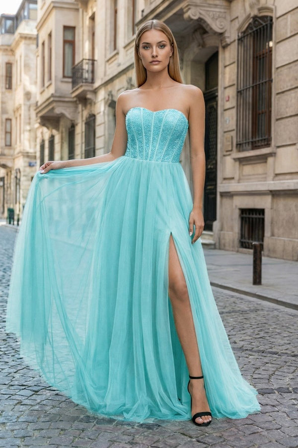 A - Line Sweetheart Beads Empire - Waist Sleeveless Prom Dress With Slit - KissProm
