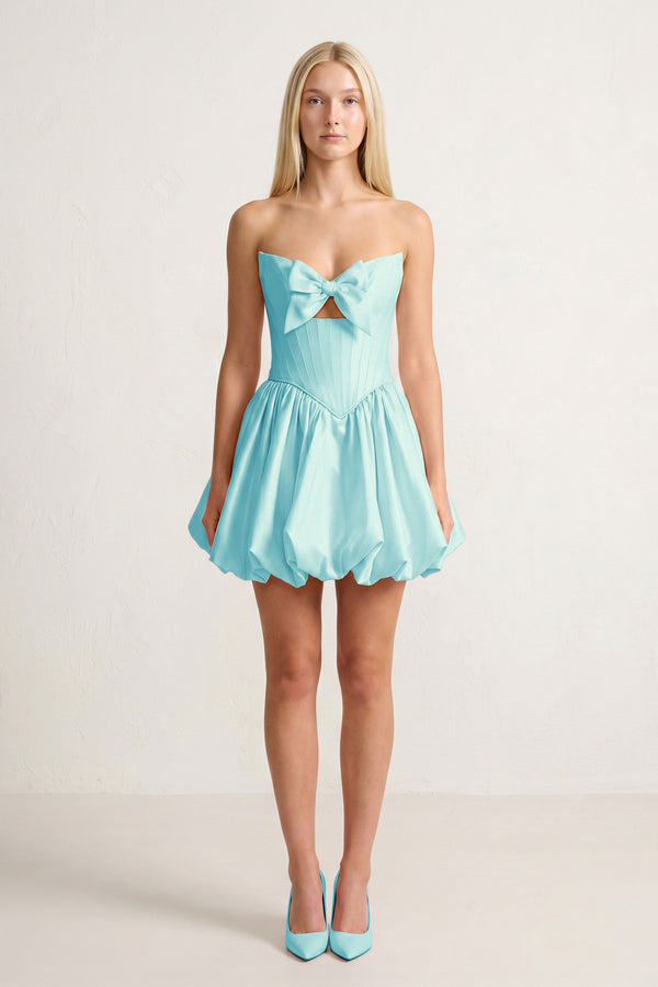 Aqua Bowknot Sweetheart Bubble Hem A-Line Satin Homecoming Dress - KISSPROM