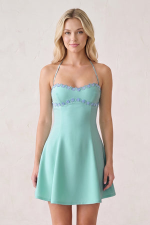 Aqua Halter A-Line Embroidery Satin Short Homecoming Dress (3) | KISSPROM