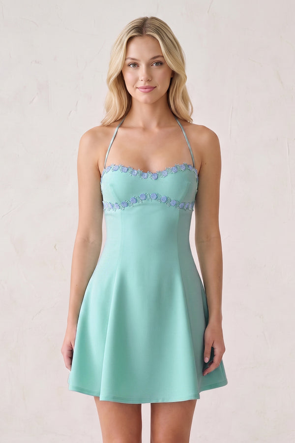 Aqua Halter A-Line Embroidery Satin Short Homecoming Dress (3) | KISSPROM