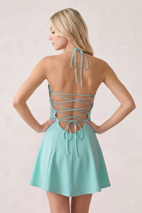 Aqua Halter A-Line Embroidery Satin Short Homecoming Dress (4) | KISSPROM