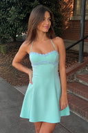 Aqua Halter A-Line Embroidery Satin Short Homecoming Dress | KISSPROM