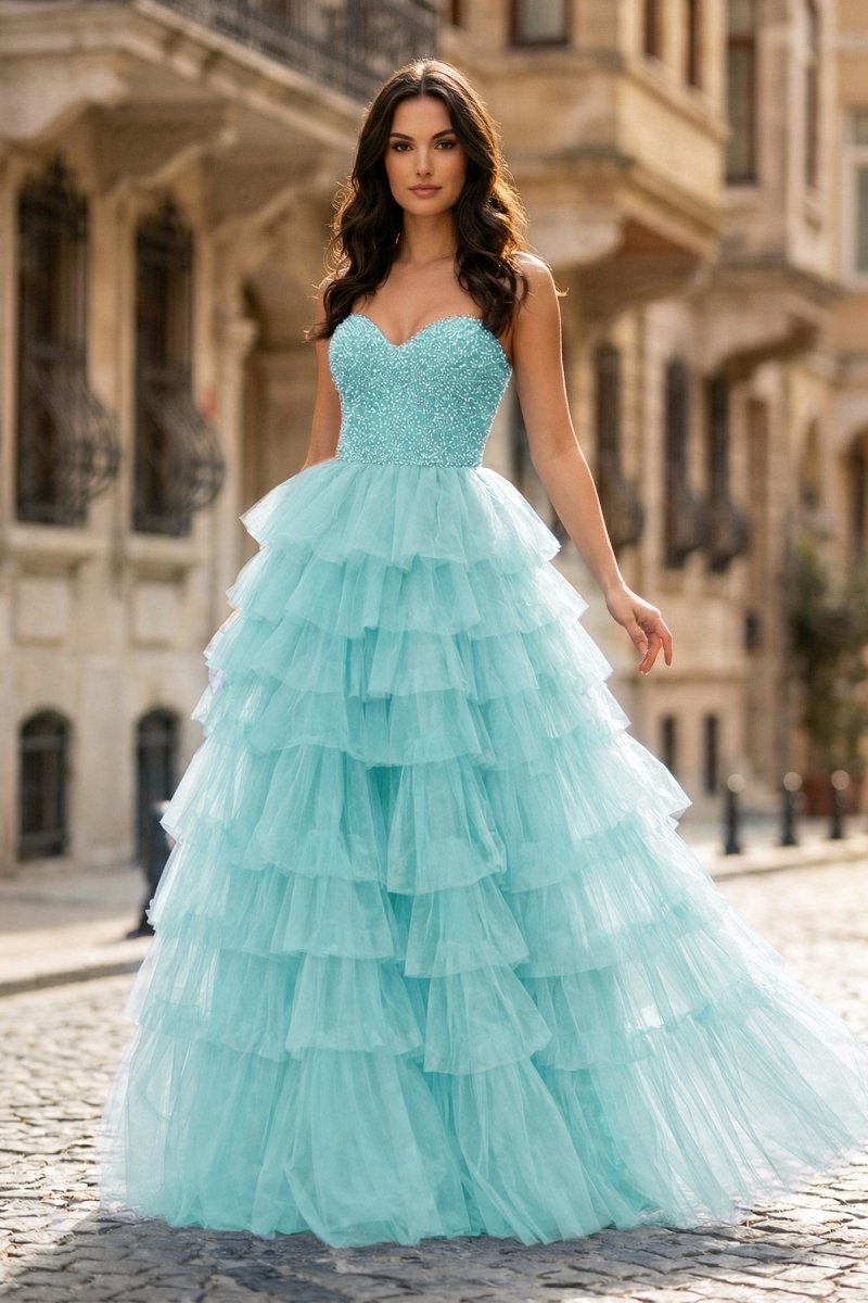 Spaghetti Straps Sweetheart Layered Tulle Formal Prom Dress with Slit, Aqua / 16