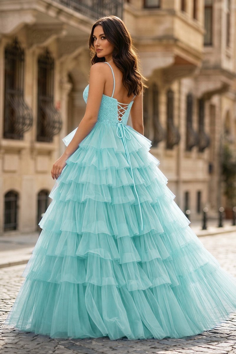 KissProm Spaghetti Straps Sweetheart Layered Tulle Formal Prom Dress with Slit, Aqua / 16