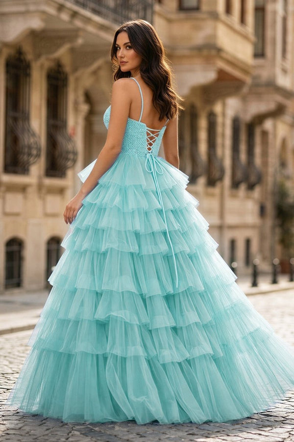 Spaghetti Straps Sweetheart Layered Tulle Formal Prom Dress with Slit - KissProm