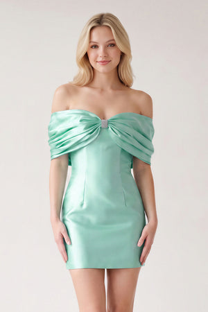 Aqua Off The Shoulder Satin Bodycon Short Homecoming Dress With Beading (3) | KISSPROM