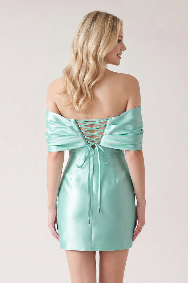 Aqua Off The Shoulder Satin Bodycon Short Homecoming Dress With Beading (4) | KISSPROM