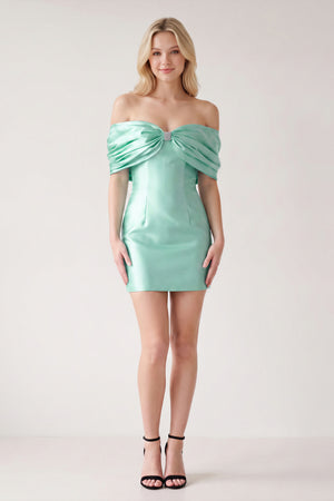 Aqua Off The Shoulder Satin Bodycon Short Homecoming Dress With Beading (5) | KISSPROM