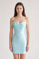 Aqua Off-the-Shoulder Satin Sheath Corset Homecoming Dress With Pearl | KISSPROM