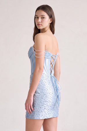 Sky Blue Off-the-Shoulder Satin Sheath Corset Homecoming Dress With Pearl (2) | KISSPROM