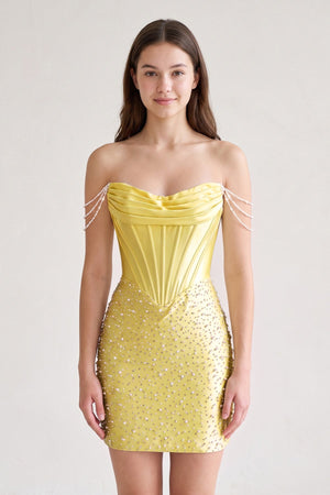 Yellow Off-the-Shoulder Satin Sheath Corset Homecoming Dress With Pearl | KISSPROM