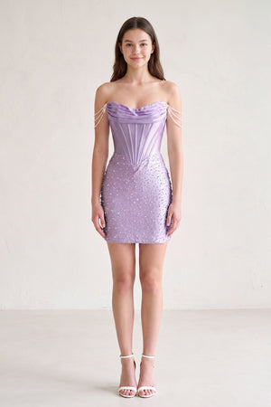 Lilac Off-the-Shoulder Satin Sheath Corset Homecoming Dress With Pearl (3) | KISSPROM