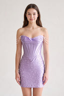 Lilac Off-the-Shoulder Satin Sheath Corset Homecoming Dress With Pearl | KISSPROM