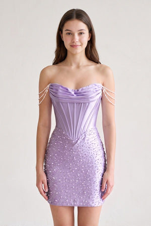 Lilac Off-the-Shoulder Satin Sheath Corset Homecoming Dress With Pearl | KISSPROM