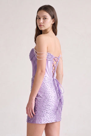 Lilac Off-the-Shoulder Satin Sheath Corset Homecoming Dress With Pearl (2) | KISSPROM
