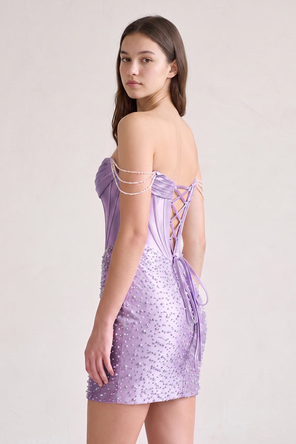 Lilac Off-the-Shoulder Satin Sheath Corset Homecoming Dress With Pearl (2) | KISSPROM